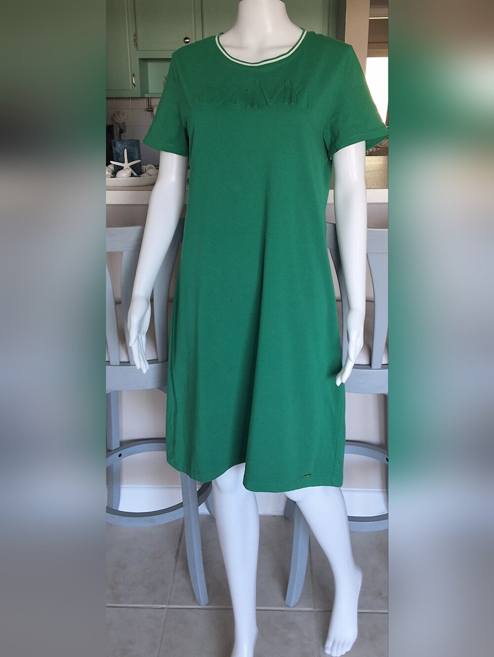 Calvin Klein T Shirt Dress CK Logo Crew Neck Green Short Sleeve - Medium  NWOT